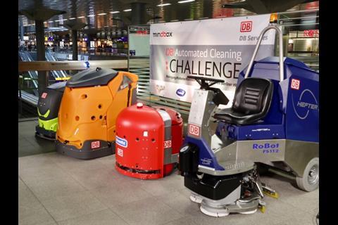 Ready for the off. Four automated cleaning robots prepare to compete at Berlin Hbf. (Photo: DB AG / Pablo Castagnola)